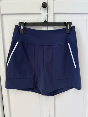 Women's Navy Athletic Shorts with White Trim and Wide Waistband